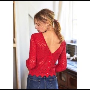 Sezane Daisy Red Lace Back Button Blouse 38